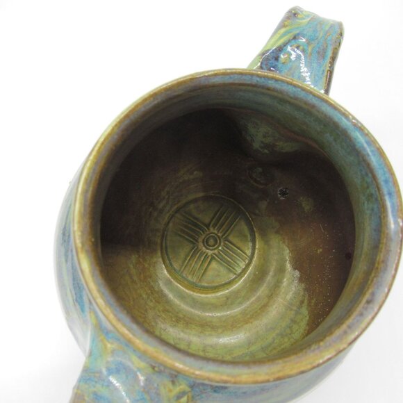 Handmade Ceramic Teapot Artisan Handle & Abstract Green Blue Swirl Glaze Signed - Picture 13 of 16